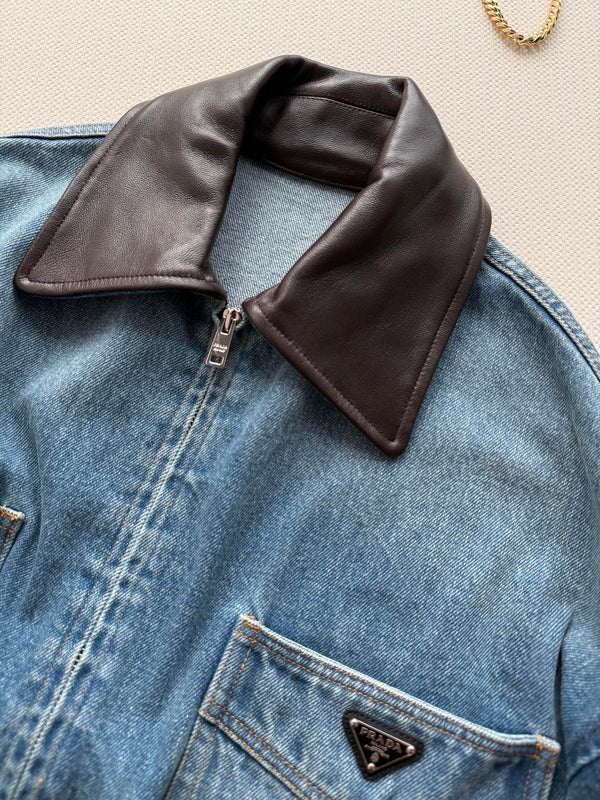 Prad 26FW Cropped Denim Jacket Leather Collar Cotton 447225