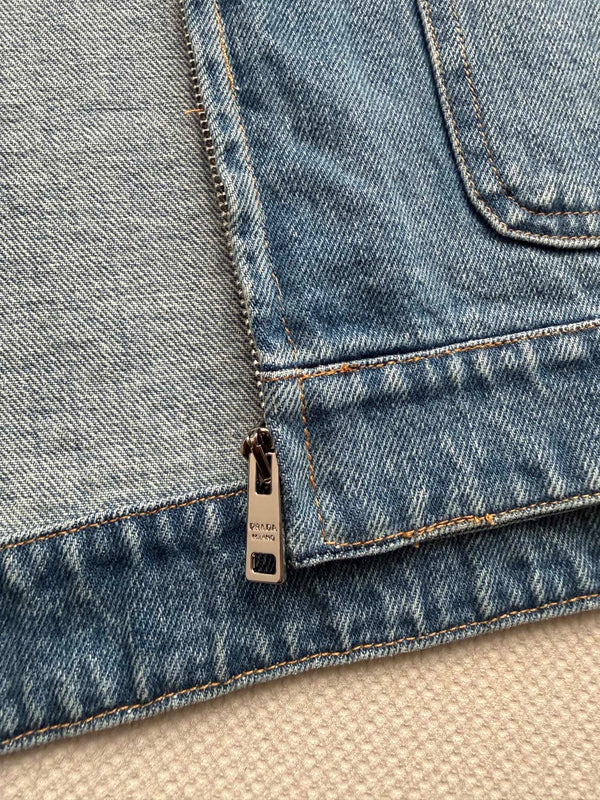 Prad 26FW Cropped Denim Jacket Leather Collar Cotton 447225