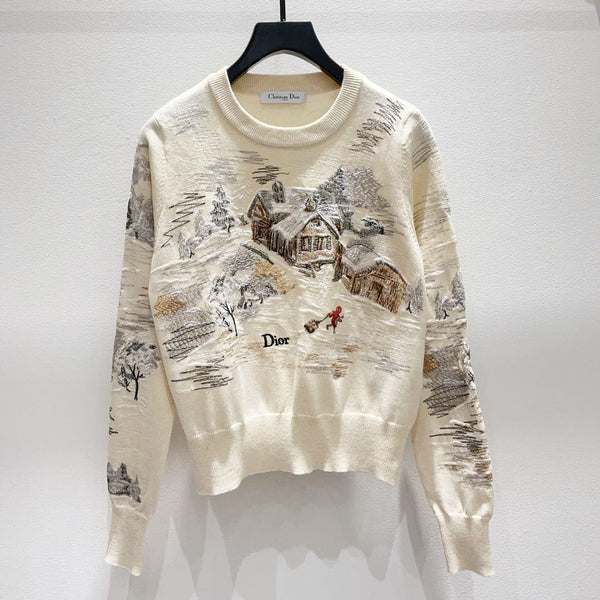 CD 26FW Sweater Snowy Landscape Embroidered Cream Knit Wool 448173