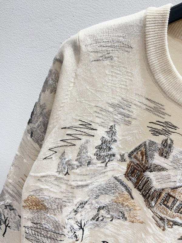 CD 26FW Sweater Snowy Landscape Embroidered Cream Knit Wool 448173
