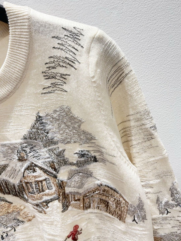CD 26FW Sweater Snowy Landscape Embroidered Cream Knit Wool 448173
