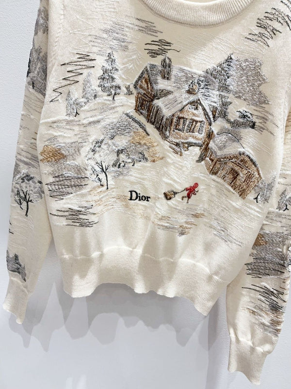 CD 26FW Sweater Snowy Landscape Embroidered Cream Knit Wool 448173