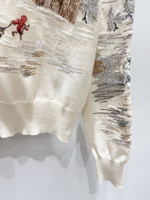 CD 26FW Sweater Snowy Landscape Embroidered Cream Knit Wool 448173
