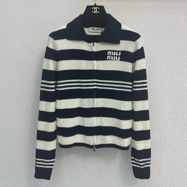 Miu 26FW Striped Zip-Up Knit Cardigan Polo Collar Logo Patch Navy Cream Wool 448154