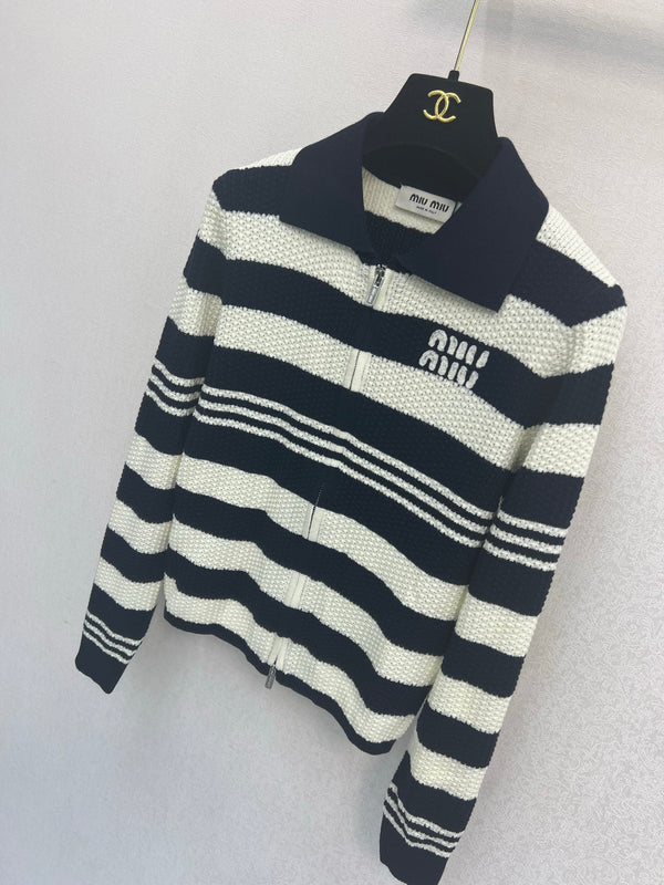 Miu 26FW Striped Zip-Up Knit Cardigan Polo Collar Logo Patch Navy Cream Wool 448154