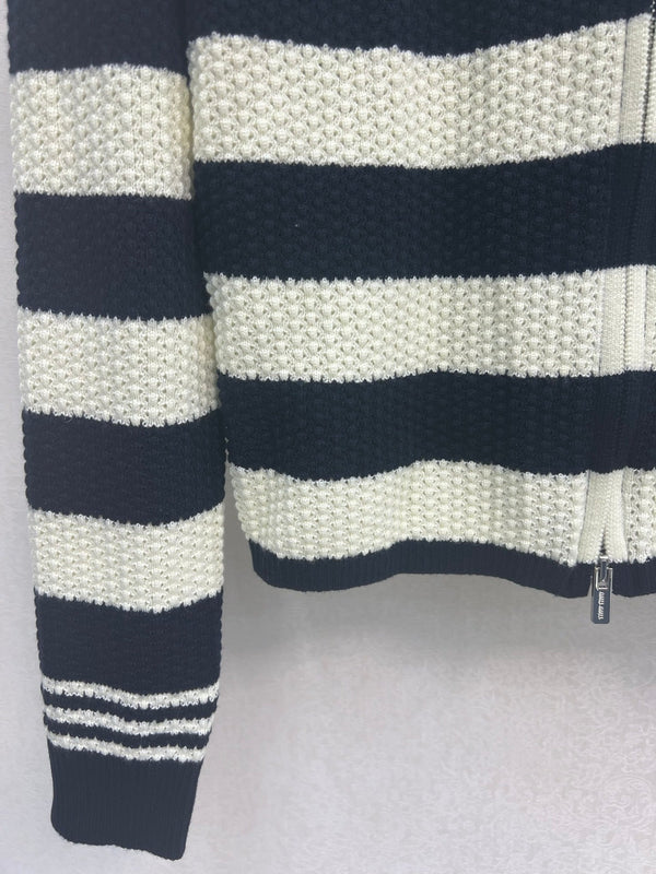 Miu 26FW Striped Zip-Up Knit Cardigan Polo Collar Logo Patch Navy Cream Wool 448154