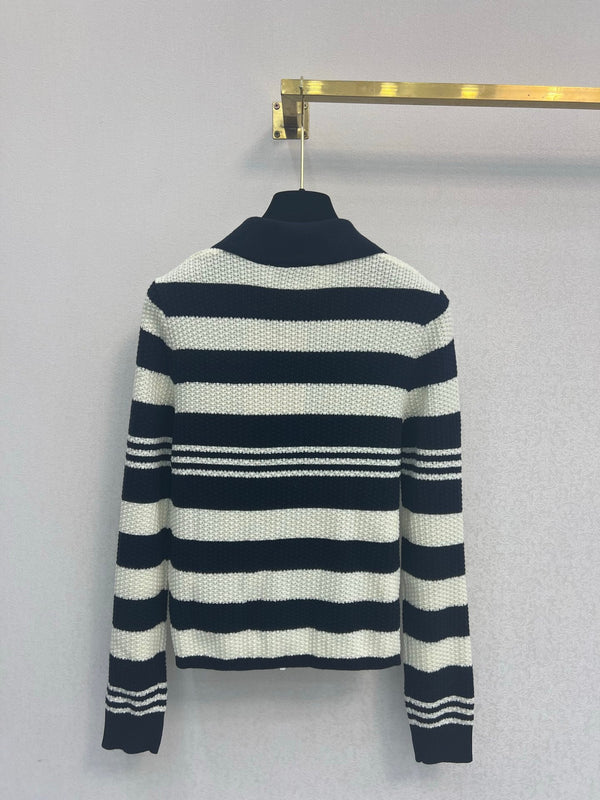 Miu 26FW Striped Zip-Up Knit Cardigan Polo Collar Logo Patch Navy Cream Wool 448154