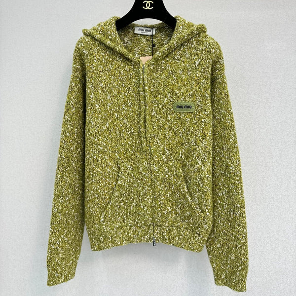 Miu 26S Hooded Double-Zip Cardigan Green Wool 448152