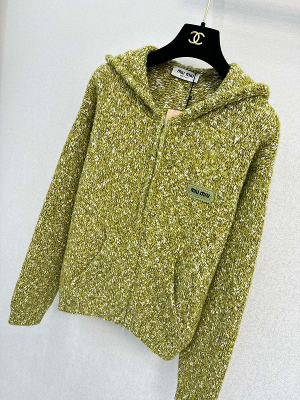 Miu 26S Hooded Double-Zip Cardigan Green Wool 448152