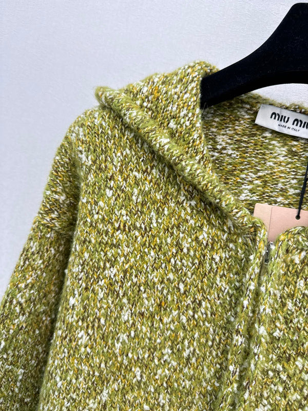 Miu 26S Hooded Double-Zip Cardigan Green Wool 448152