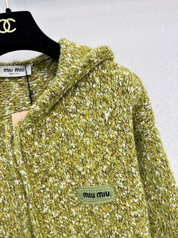 Miu 26S Hooded Double-Zip Cardigan Green Wool 448152