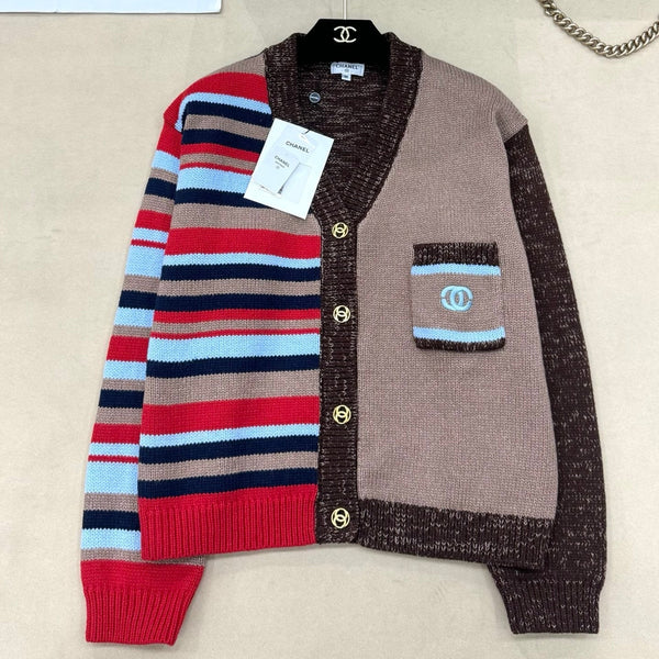 CC 26S V-Neck Knit Cardigan Asymmetric Striped Panels Gold-Tone Buttons Wool Blend 448136