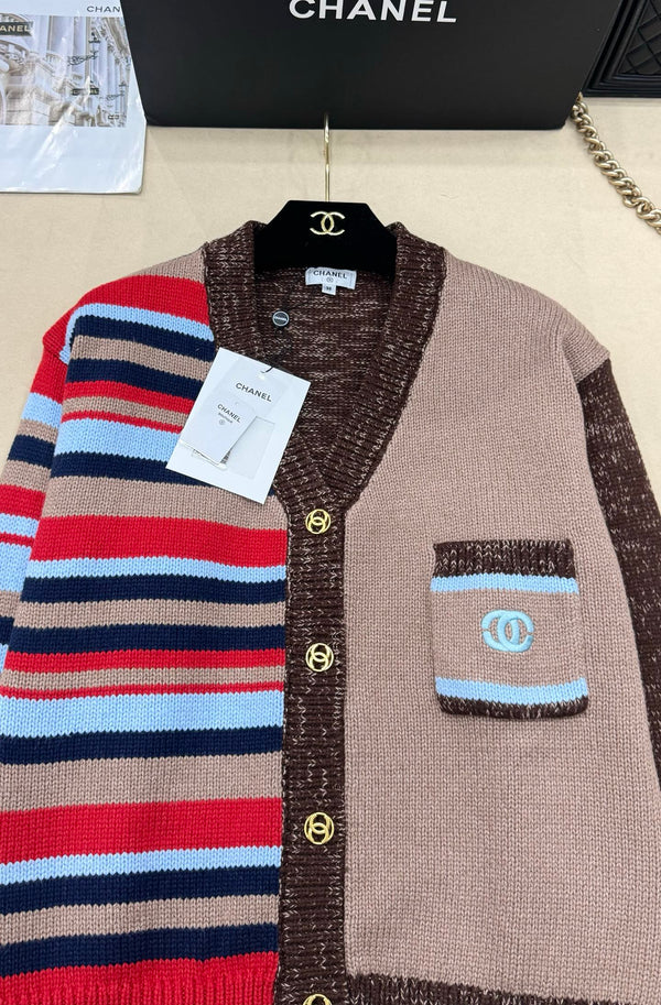 CC 26S V-Neck Knit Cardigan Asymmetric Striped Panels Gold-Tone Buttons Wool Blend 448136