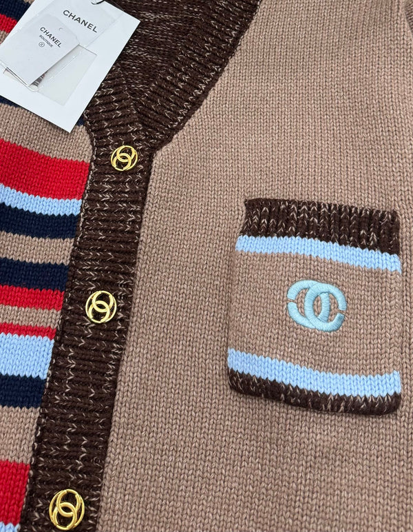 CC 26S V-Neck Knit Cardigan Asymmetric Striped Panels Gold-Tone Buttons Wool Blend 448136