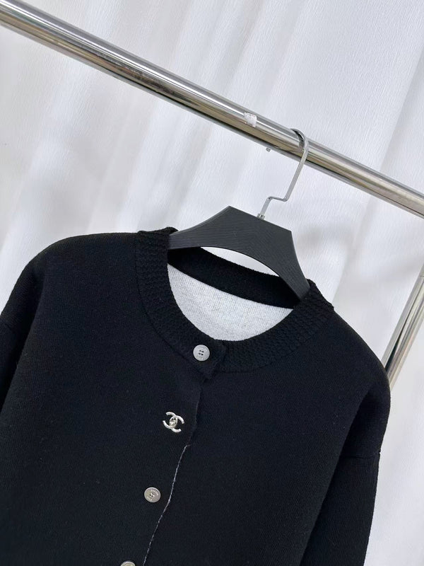 CC 26S Cardigan Double-C Logo Double-Layer Knit Black Wool 448097