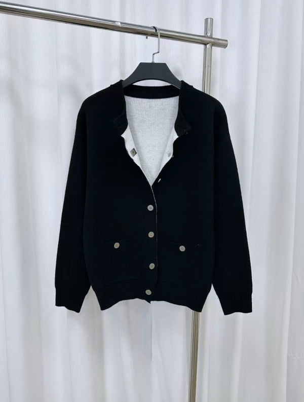 CC 26S Cardigan Double-C Logo Double-Layer Knit Black Wool 448097