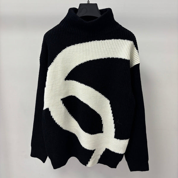 CC 26S Turtleneck Knit Top Double-C Logo Embroidery Black Wool Blend 448092