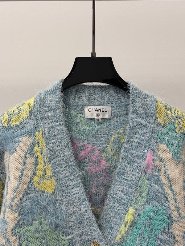 CC 26S Deep V-Neck Knit Cardigan Floral Embroidery Colorful Feather Details Blue Wool 448088