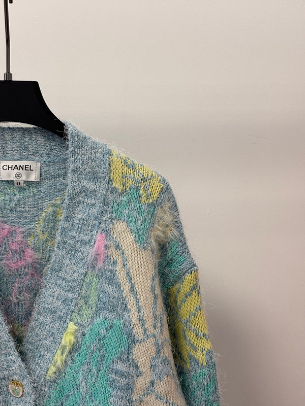 CC 26S Deep V-Neck Knit Cardigan Floral Embroidery Colorful Feather Details Blue Wool 448088