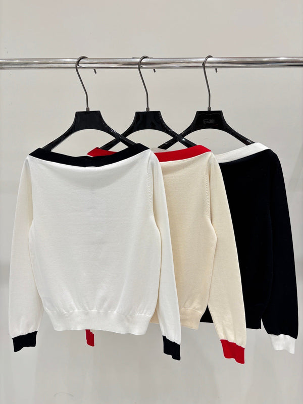 CC 26S Striped Knit Top Colorblock Letter Jacquard Off-Shoulder Long Sleeves Cotton 448086