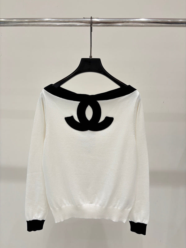 CC 26S Striped Knit Top Colorblock Letter Jacquard Off-Shoulder Long Sleeves Cotton 448086