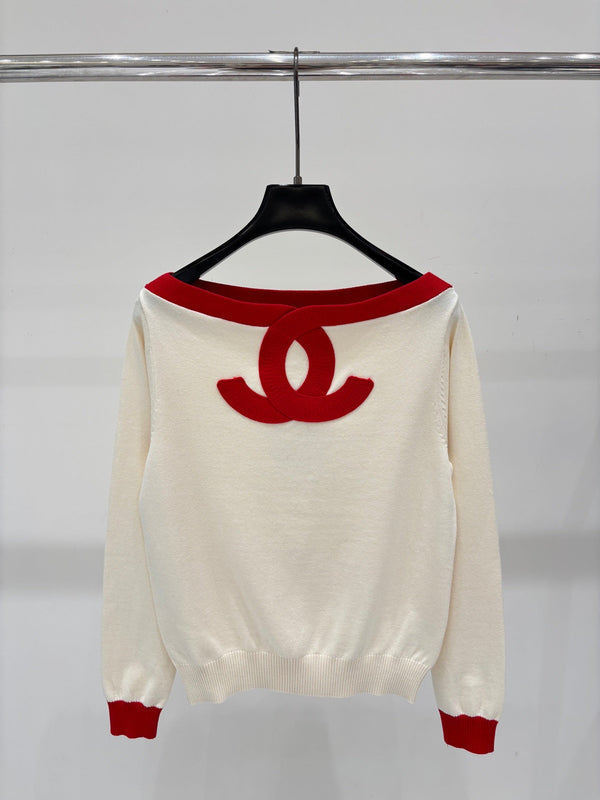 CC 26S Striped Knit Top Colorblock Letter Jacquard Off-Shoulder Long Sleeves Cotton 448086