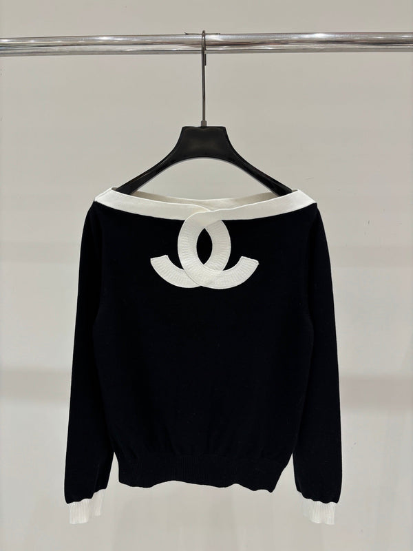 CC 26S Striped Knit Top Colorblock Letter Jacquard Off-Shoulder Long Sleeves Cotton 448086