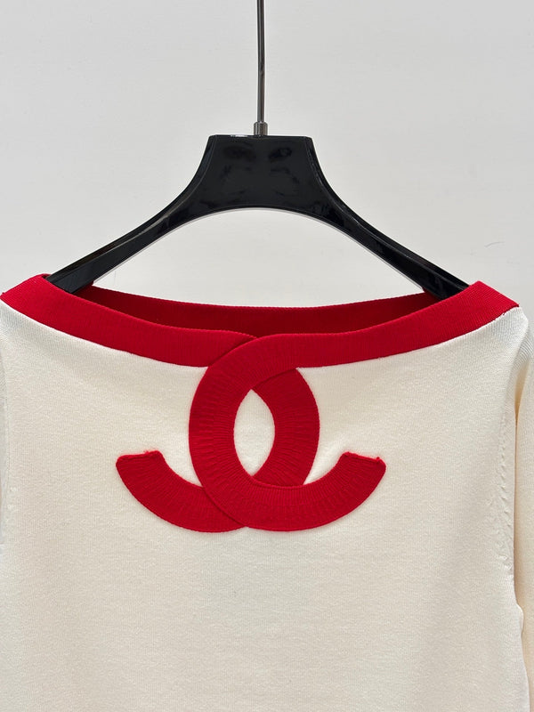 CC 26S Striped Knit Top Colorblock Letter Jacquard Off-Shoulder Long Sleeves Cotton 448086