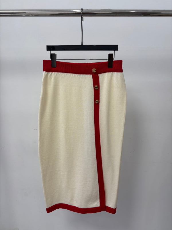 CC 26S Knit Midi Skirt Elastic Waist Double-C Logo Metal Buttons Side Slit 448084