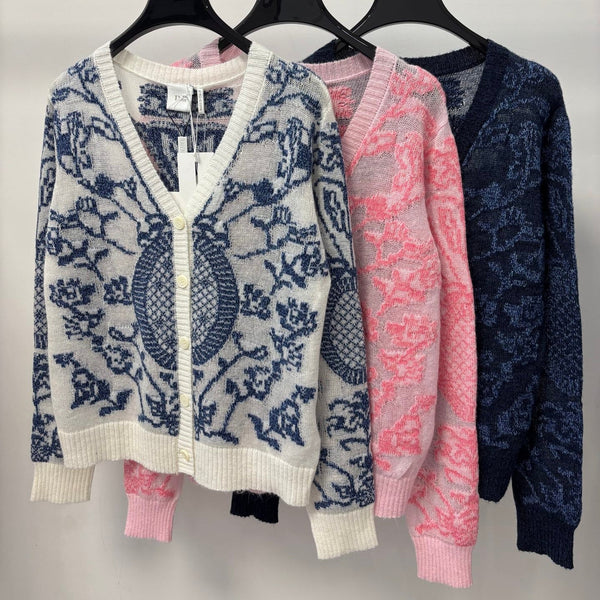 CD 26S V-Neck Cardigan Porcelain Jacquard Contrast Trim Silk 448070