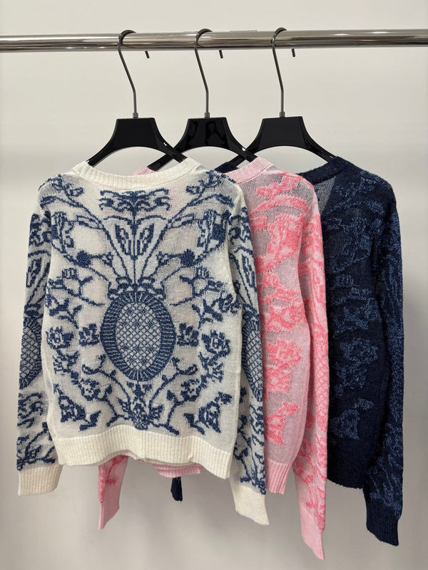 CD 26S V-Neck Cardigan Porcelain Jacquard Contrast Trim Silk 448070