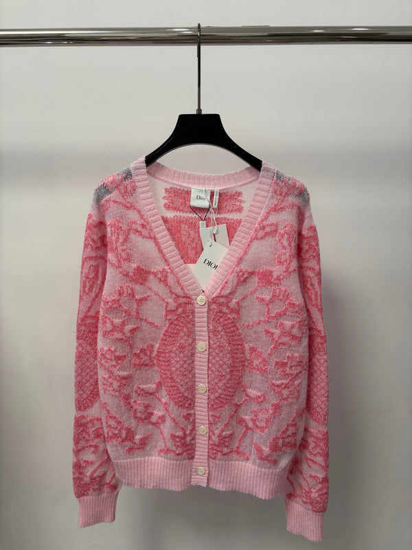 CD 26S V-Neck Cardigan Porcelain Jacquard Contrast Trim Silk 448070