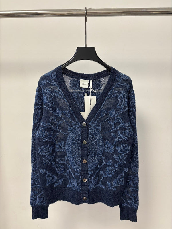 CD 26S V-Neck Cardigan Porcelain Jacquard Contrast Trim Silk 448070