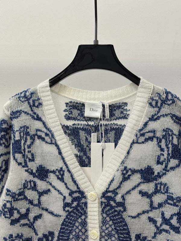 CD 26S V-Neck Cardigan Porcelain Jacquard Contrast Trim Silk 448070