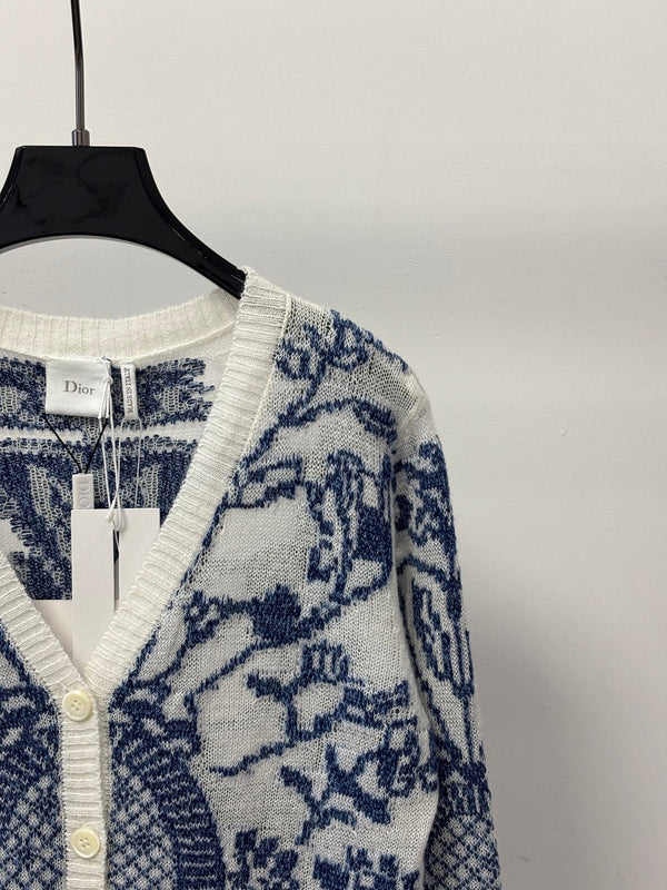 CD 26S V-Neck Cardigan Porcelain Jacquard Contrast Trim Silk 448070