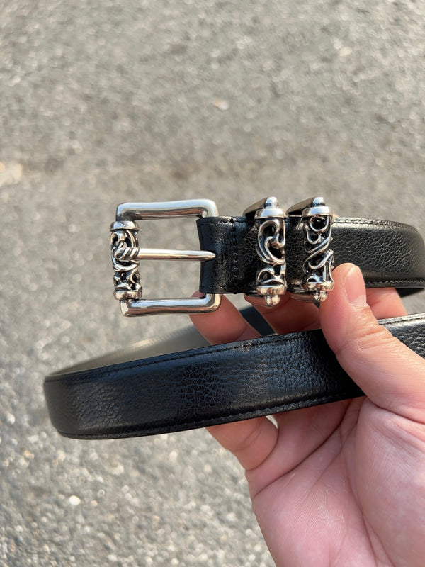 CH Roller Buckle Belt 3.0cm Black Oil-Waxed Cowhide Leathers 203185