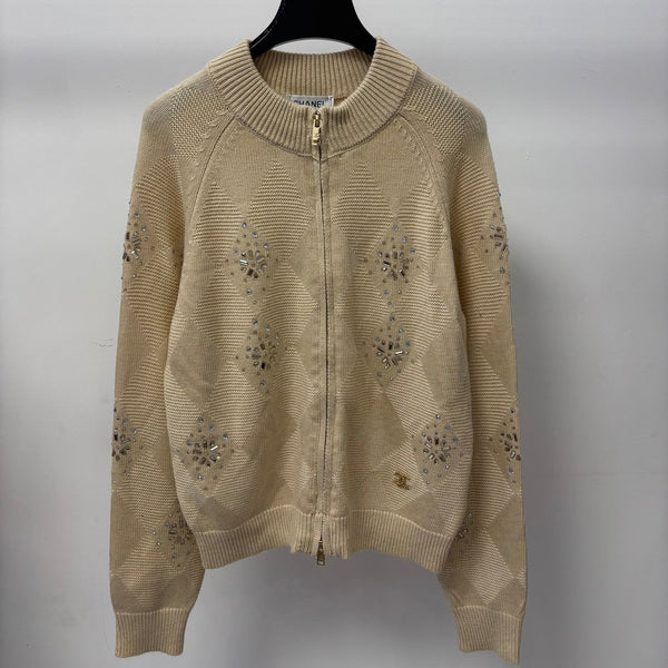 CC 26FW Stand Collar Color-Block Diamond Knit Cardigan Rhineston Metal Label Beige Wool 448066