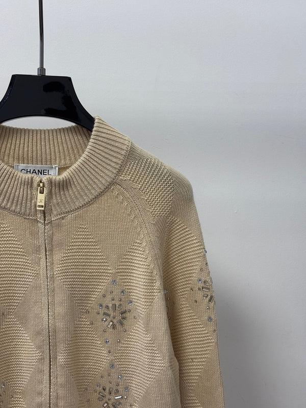 CC 26FW Stand Collar Color-Block Diamond Knit Cardigan Rhineston Metal Label Beige Wool 448066