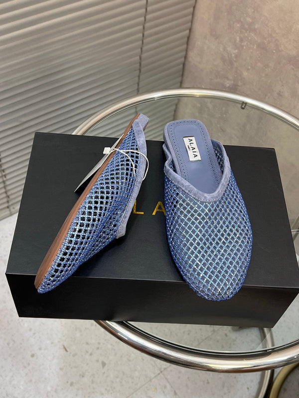 Alaia 26FW Mules Rhinestone Mesh Suede 195864