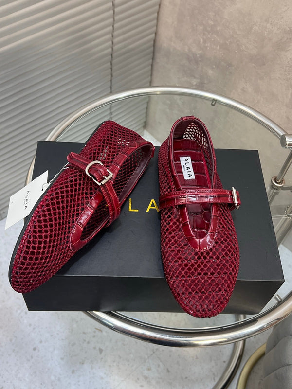 Alaia 26FW Fishnet Ballet Flats Crocodile-Embossed Calfskin Mesh 195858