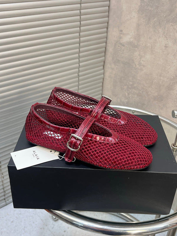Alaia 26FW Fishnet Ballet Flats Crocodile-Embossed Calfskin Mesh 195858