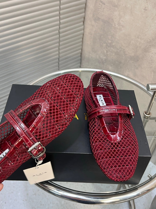 Alaia 26FW Fishnet Ballet Flats Crocodile-Embossed Calfskin Mesh 195858