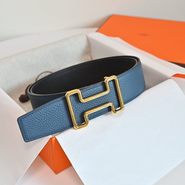 HM 26FW Reversible H Belt 3.8cm Black Blue Grained Leather 220419