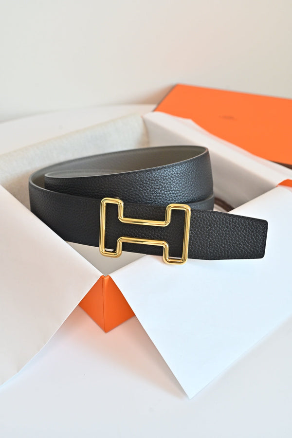 HM 26FW Reversible H Belt 3.8cm Black Rain Cloud Gray Grained Leather 220417