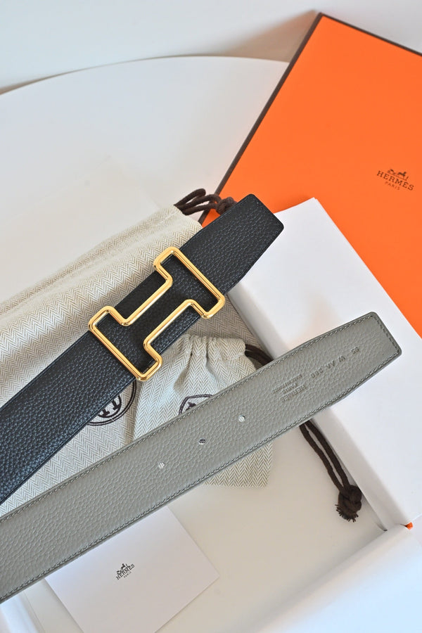HM 26FW Reversible H Belt 3.8cm Black Rain Cloud Gray Grained Leather 220417