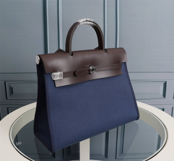 HM HERBAG ZIP 31 TELA BLU MARINO E CIOCCOLATO