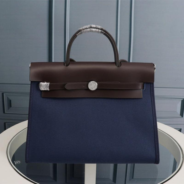 HM HERBAG ZIP 31 TELA BLU MARINO E CIOCCOLATO