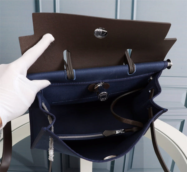 HM HERBAG ZIP 31 TELA BLU MARINO E CIOCCOLATO