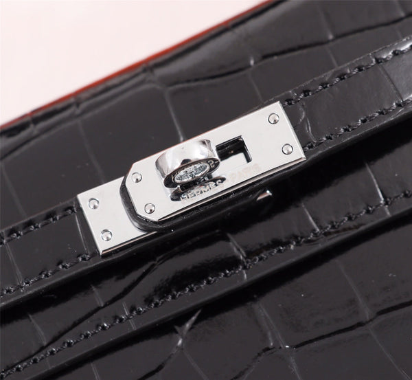 HM KELLY MINI 19.5 BLACK CROCODILE EMBOSSED CALFSKIN SILVER HARDWARE