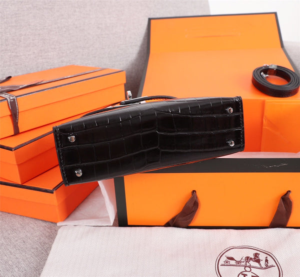 HM KELLY MINI 19.5 BLACK CROCODILE EMBOSSED CALFSKIN SILVER HARDWARE